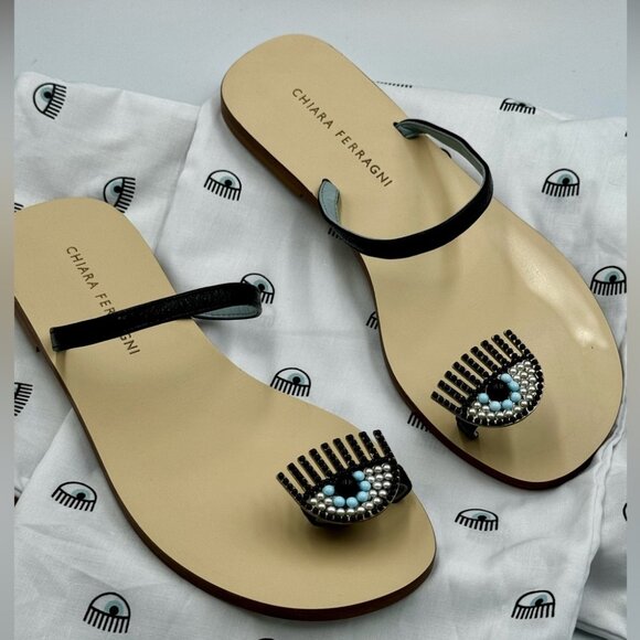 🆕 CHIARA FERRAGNI 🧿 NWOT Flirting Leather Toe Ring Sandal, Black - Sz 36 - Picture 5 of 16